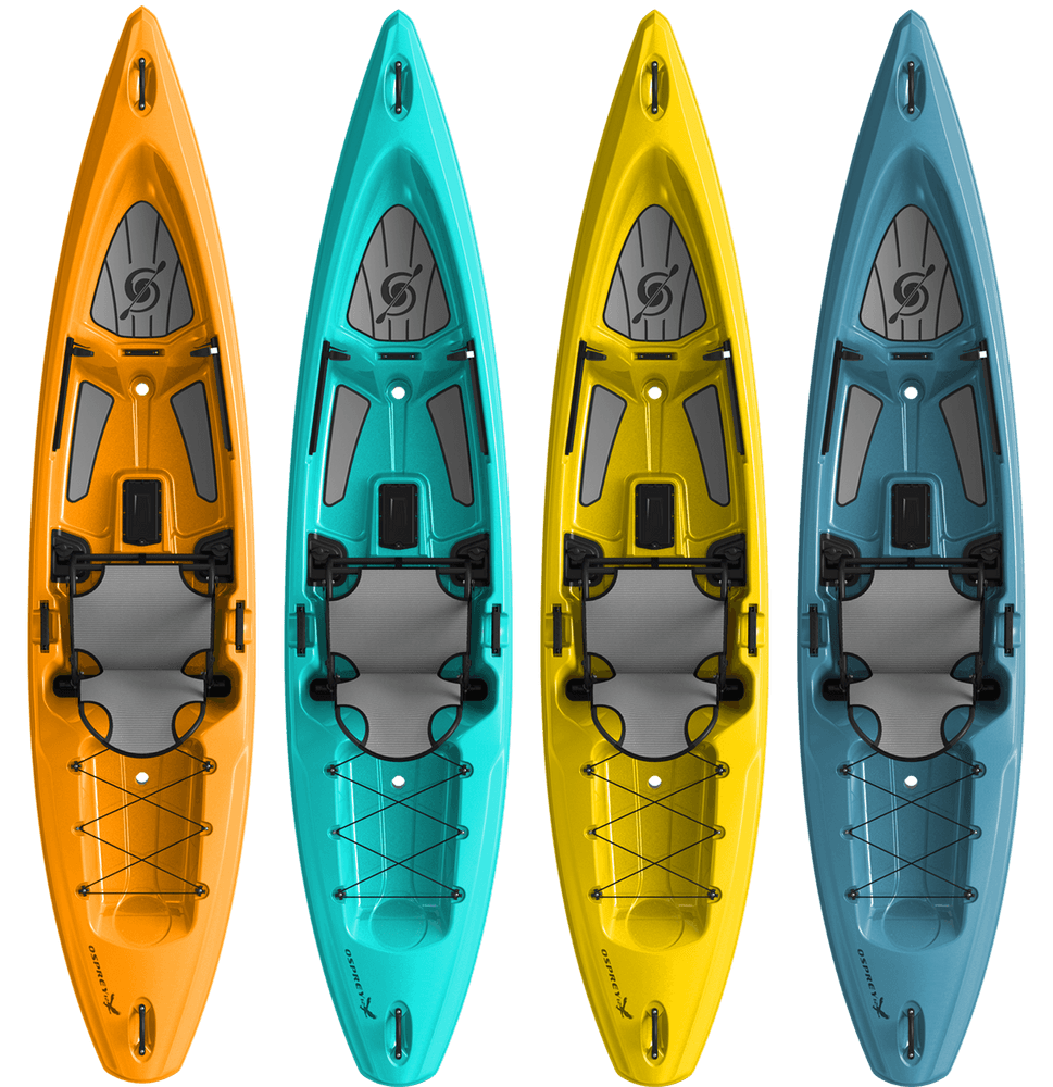 Four Hurricane Kayaks Osprey 109 models, in orange, teal, yellow, and blue, feature an elevated seat system with footrests and cargo bungee cords for optimal comfort and storage.