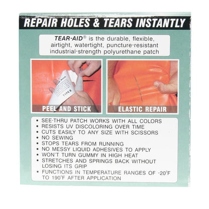 The NRS Tear Aid package highlights its industrial-strength features like impressive elasticity and UV resistance. With watertight patches, it offers "Peel and Stick" convenience and "Elastic Repair" excellence for reliable performance in any climate.