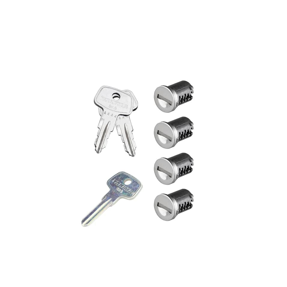 a set of SKS Lock Cores keys and a Yakima key holder on a white background.