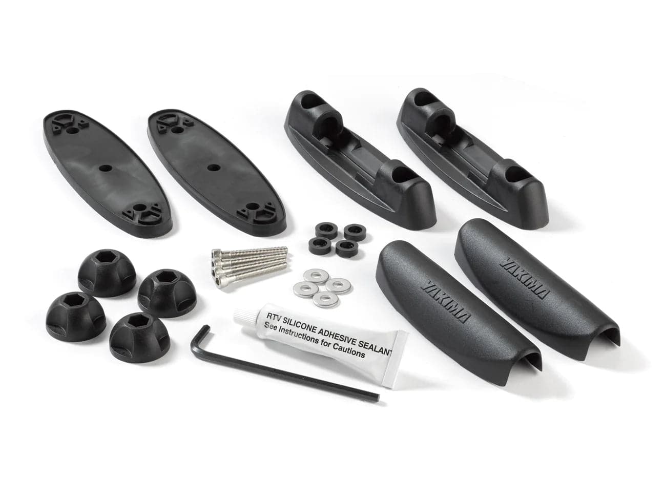 a set of Yakima Landing Pads - black screws, nuts and bolts on a white background.
