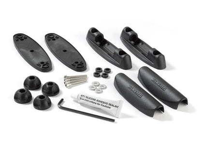 a set of Yakima Landing Pads - black screws, nuts and bolts on a white background.