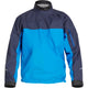 The NRS Endurance Splash Jacket - Men's is a blue and dark gray waterproof boating jacket featuring long sleeves, a high collar, and a zippered pocket on the left arm for durability and style.