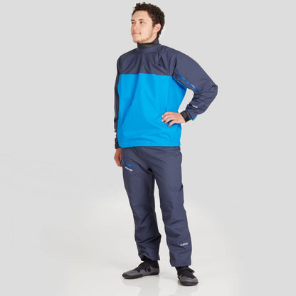 A person proudly models the Endurance Splash Jacket for men by NRS, featuring a stylish blue and dark gray design that stands out against a plain background, perfect for any weather.