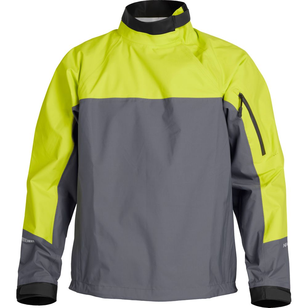 The NRS Endurance Splash Jacket - Men's features bright yellow shoulders, a gray body, high collar, zippered sleeve pocket, and reflective sleeve accents. This breathable jacket ensures dryness and visibility in any weather.