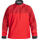 The NRS Endurance Splash Jacket for men features a red, waterproof design with a high collar, gray interior, adjustable cuffs, front logo, and a zippered sleeve pocket—ideal for your next sailing adventure.