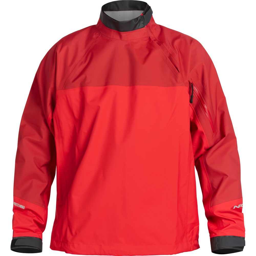 The NRS Endurance Splash Jacket for men features a red, waterproof design with a high collar, gray interior, adjustable cuffs, front logo, and a zippered sleeve pocket—ideal for your next sailing adventure.