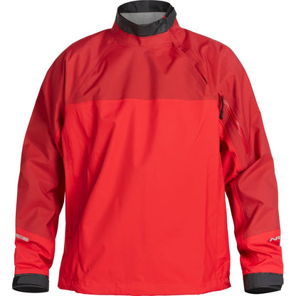 The NRS Endurance Splash Jacket for men features a red, waterproof design with a high collar, gray interior, adjustable cuffs, front logo, and a zippered sleeve pocket—ideal for your next sailing adventure.