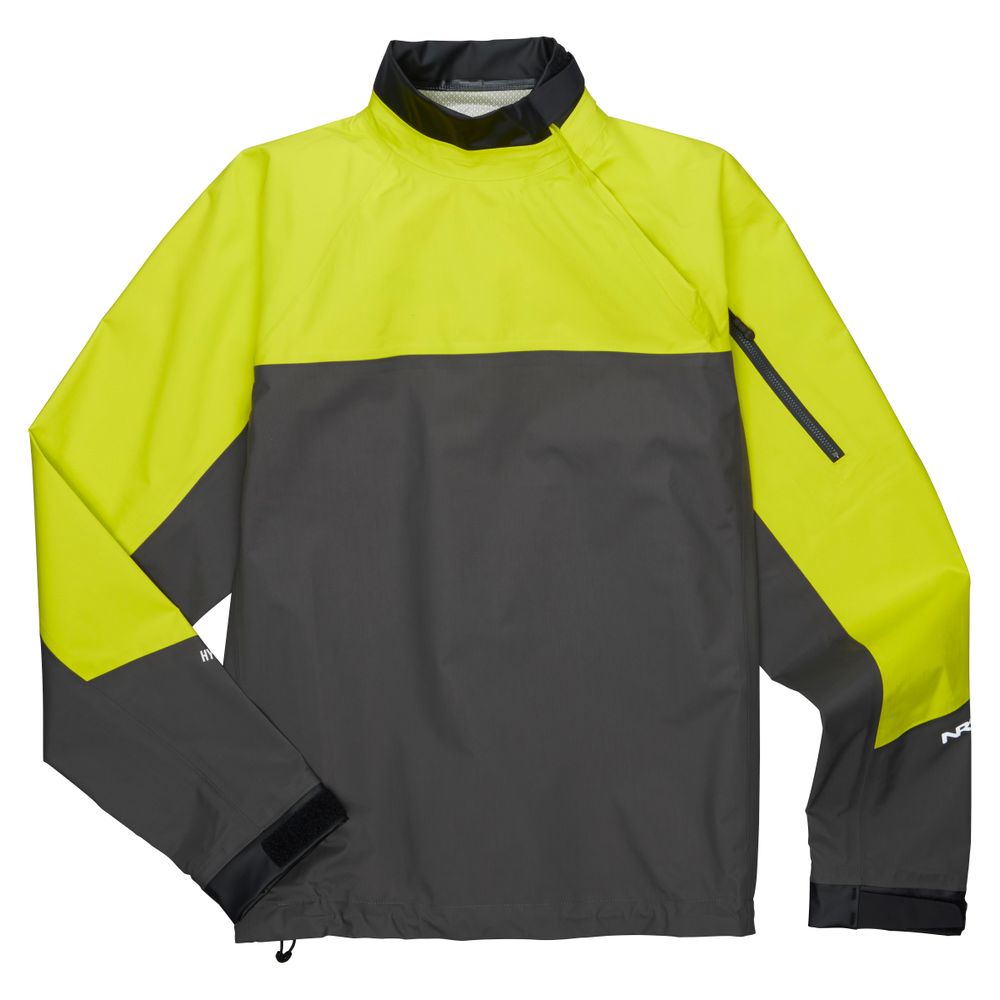 The NRS Endurance Splash Jacket - Men's, in yellow and gray, features a high collar and vertical zippered chest pocket. This breathable long-sleeve boating jacket combines style with function, ensuring comfort while protecting against the elements.