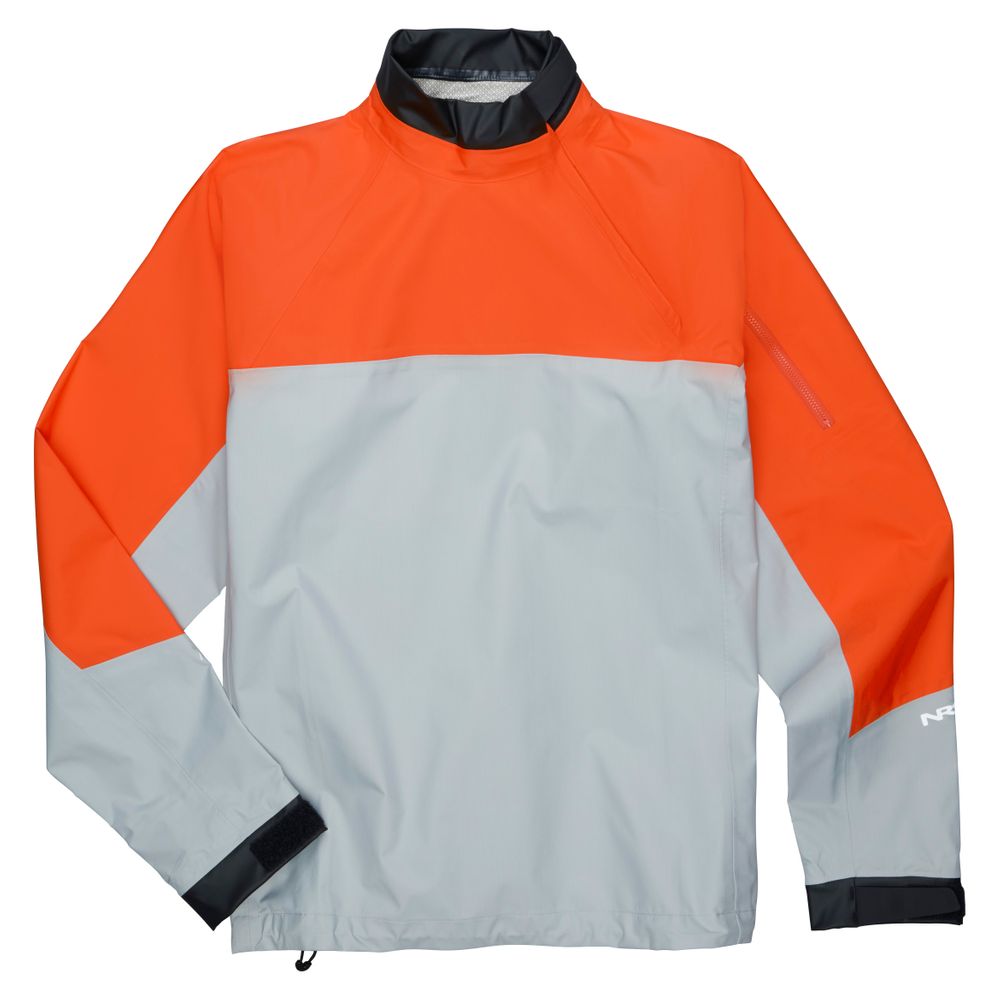 The Endurance Splash Jacket - Men's by NRS is an orange and gray long-sleeve boating jacket featuring a high collar, a zippered left sleeve pocket, and breathable, waterproof material for comfort.