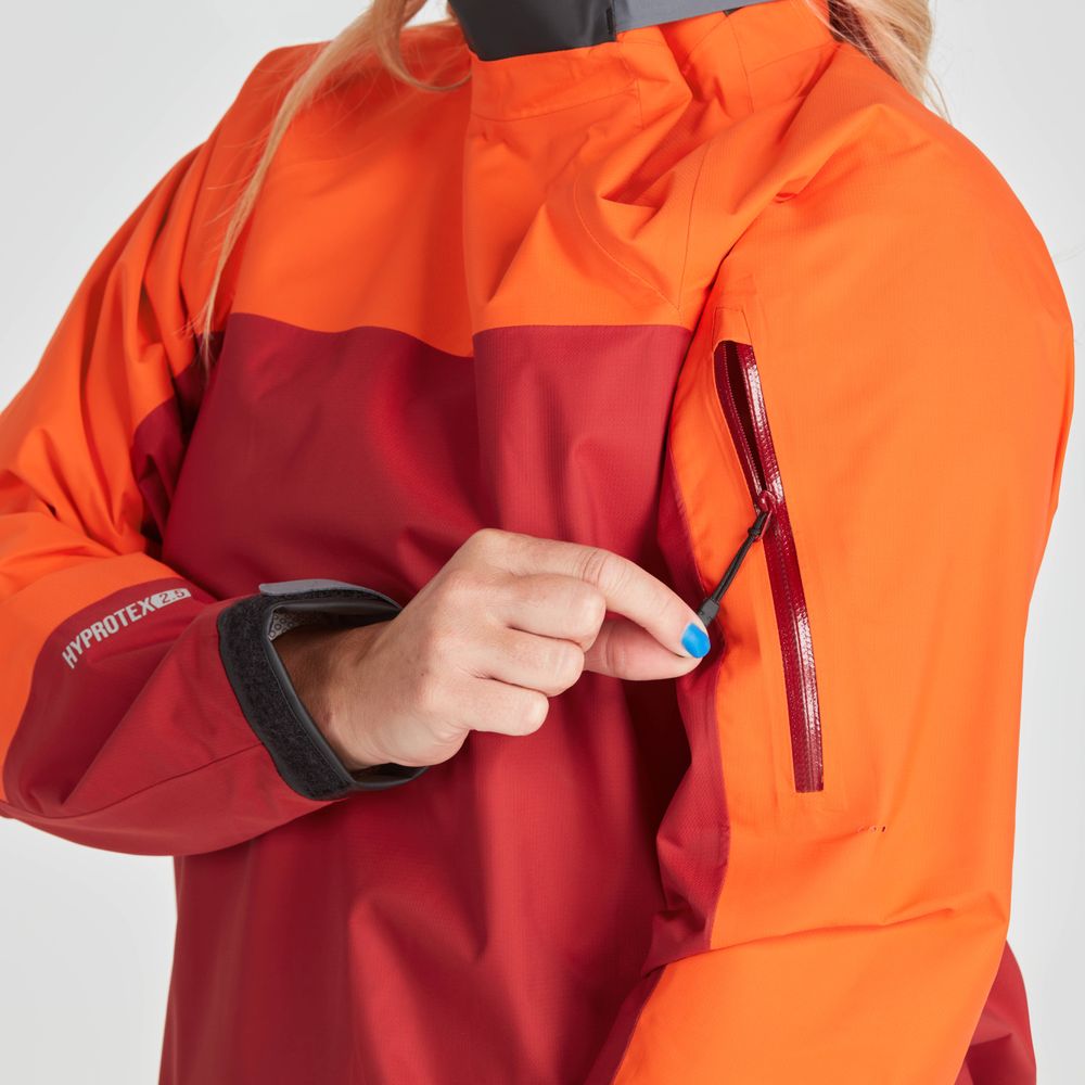 Featuring the Women's Endurance Jacket women's splash wear manufactured by NRS shown here from an eighth angle.
