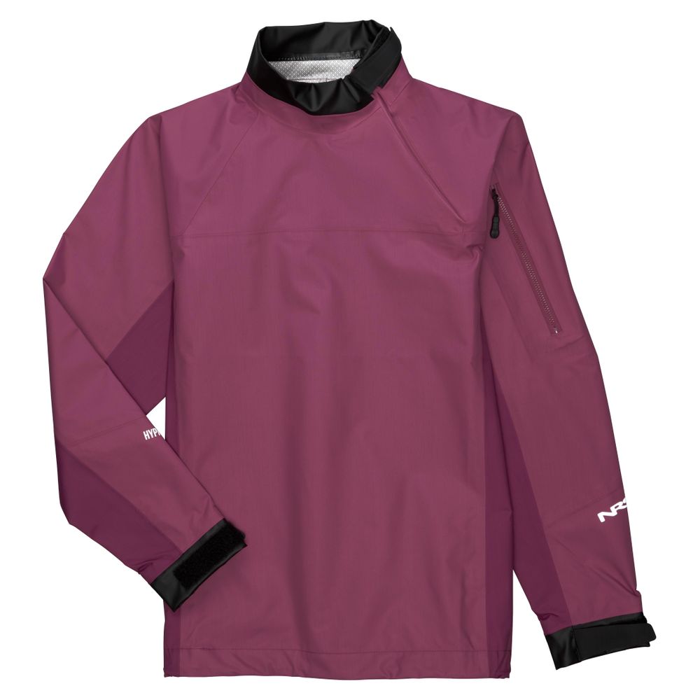 The NRS Endurance Splash Jacket - Women's is a long-sleeve maroon waterproof jacket with a black collar, side arm zipper pocket, and Velcro cuff closures.