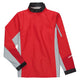 The NRS Endurance Splash Jacket - Women's features red and gray waterproof fabric, a black collar, zippered arm pocket, and Velcro cuffs—ideal for boating adventures.