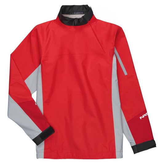 The NRS Endurance Splash Jacket - Women's features red and gray waterproof fabric, a black collar, zippered arm pocket, and Velcro cuffs—ideal for boating adventures.
