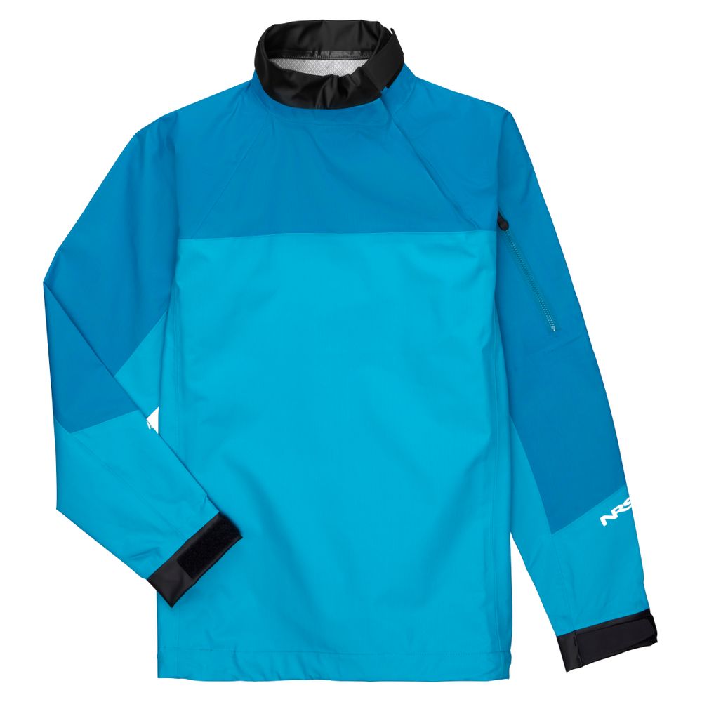 The NRS Endurance Splash Jacket - Women's is a blue, long-sleeve waterproof jacket with black wrist cuffs, a high collar, a zippered chest pocket, and NRS logo on the left sleeve—ideal for your next boating trip.