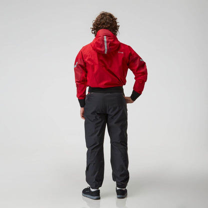 A person with curly hair, wearing a red jacket and NRS Endurance Splash Pant - Men's in black, made from breathable HyproTex fabric, stands with their back to the camera on a plain white background.