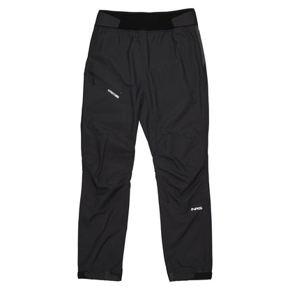 The NRS Endurance Splash Pant - Men's features adjustable waist and ankle closures, waterproof breathable HyproTex fabric, and NRS logos on the left thigh and right knee, shown here in black against a white background.