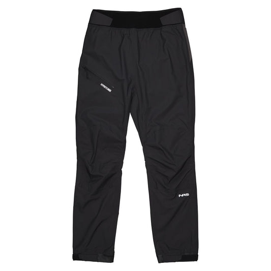 The NRS Endurance Splash Pant - Men's features adjustable waist and ankle closures, waterproof breathable HyproTex fabric, and NRS logos on the left thigh and right knee, shown here in black against a white background.