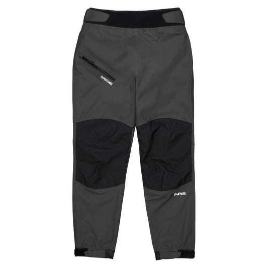 The NRS Endurance Splash Pant - Women's features gray and black waterproof fabric, reinforced knees, an angled zip thigh pocket, and adjustable waist and ankle closures—ideal for kayaking adventures.