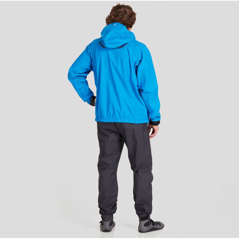 A person stands with their back turned, hand on hip, wearing NRS's blue High Tide Jacket for men, featuring an adjustable hood, and dark pants.