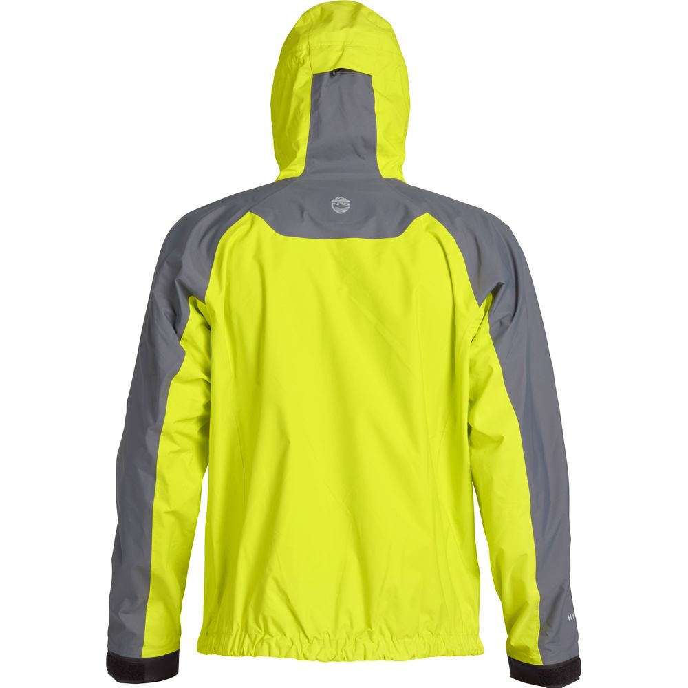 Rear view of the NRS High Tide Jacket - Men's, showcasing its waterproof yellow body and gray sleeves, complete with an adjustable hood and elastic cuffs for enhanced paddling protection.