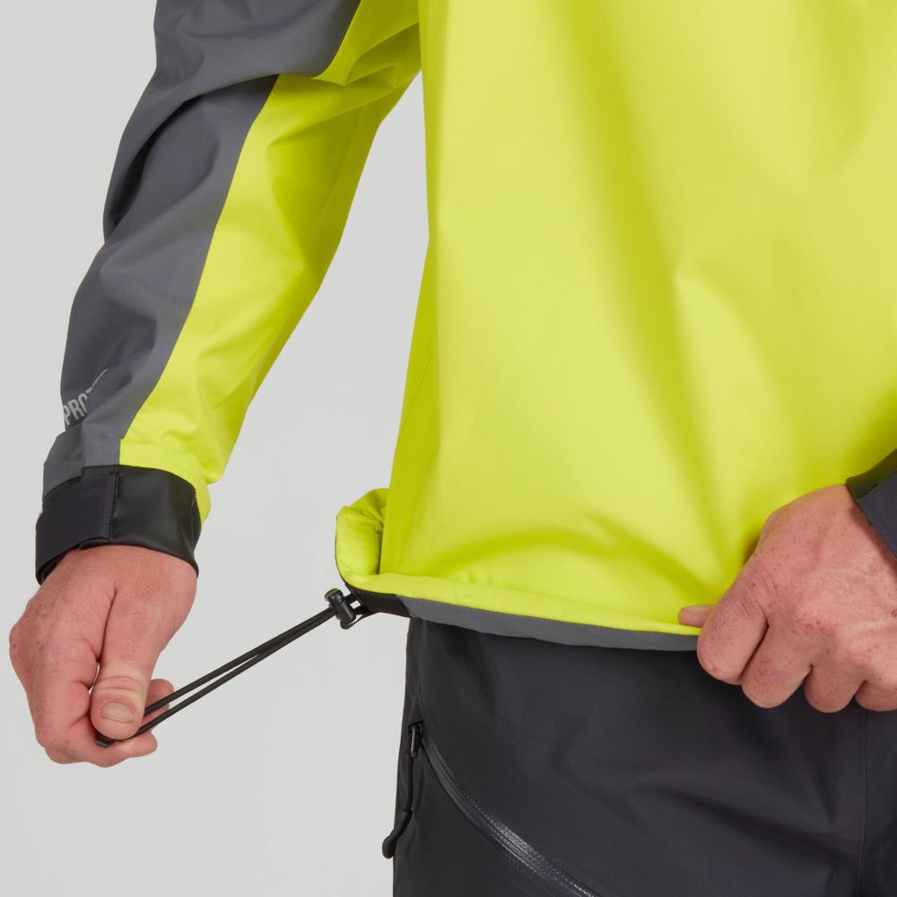 A person adjusts the drawstring on a bright yellow and gray NRS High Tide Jacket - Men's, featuring waterproof material and an adjustable hood for optimal paddling protection.