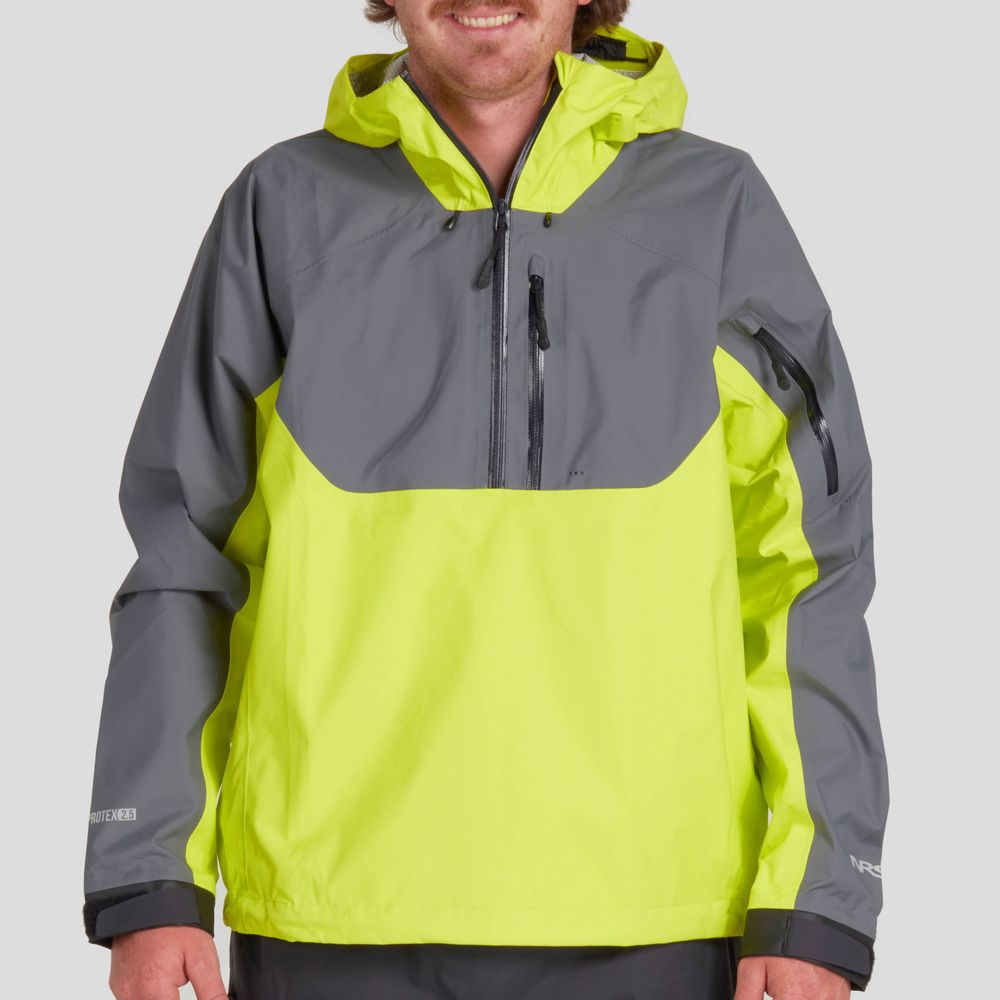 A person is modeling the NRS High Tide Jacket - Men's, a gray and neon yellow waterproof breathable jacket with an adjustable hood, against a plain background.