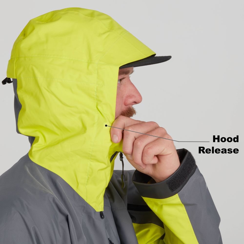 A person in an NRS High Tide Jacket - Men's, in yellow and gray, carefully adjusts the hood release to showcase its adjustable hood feature.
