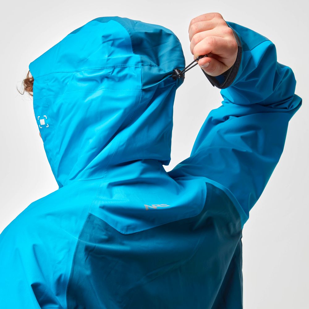 A person tightens the drawstring of an NRS High Tide Jacket - Men's in bright blue, making sure the adjustable hood fits snugly for optimal paddling protection.