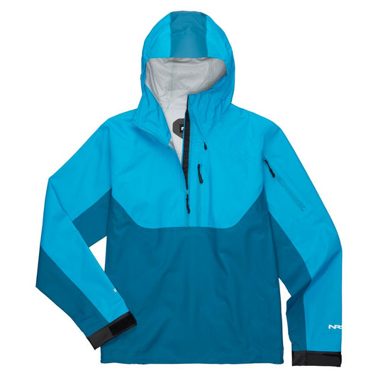 The NRS High Tide Jacket - Men's, shown in blue and teal on a white background, features a waterproof design, adjustable hood, front zipper, chest pocket, and zippered sleeve pocket.