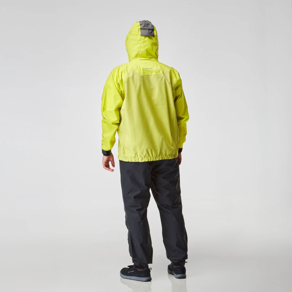 A person wearing the NRS High Tide Jacket - Men's in bright yellow and black pants stands against a plain background, facing away.