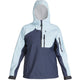 The NRS High Tide Jacket for women is a breathable, waterproof splash jacket in two-toned blue. It features a hood, front zipper, chest and left sleeve pockets, with light blue shoulders and hood for a paddler's cut that blends style and comfort.