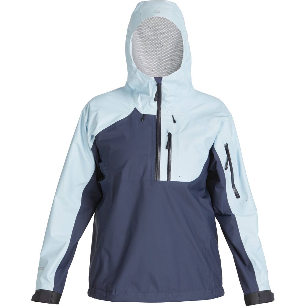 The NRS High Tide Jacket for women is a breathable, waterproof splash jacket in two-toned blue. It features a hood, front zipper, chest and left sleeve pockets, with light blue shoulders and hood for a paddler's cut that blends style and comfort.