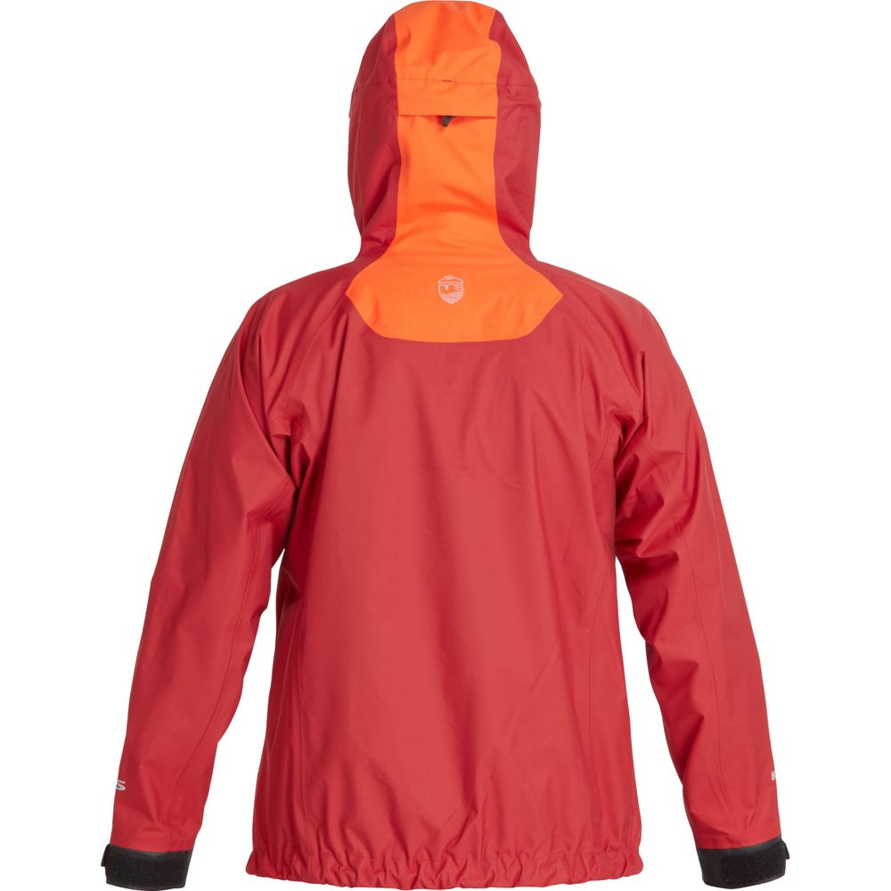 The NRS High Tide Jacket - Women's is a red and orange waterproof jacket with a paddler's cut, hood, and is shown from the back.