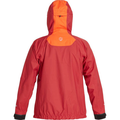 The NRS High Tide Jacket - Women's is a red and orange waterproof jacket with a paddler's cut, hood, and is shown from the back.