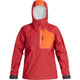 The NRS High Tide Jacket for women is a red and orange waterproof jacket with a hood, designed with a paddler's cut for optimal movement. It includes chest and arm zipper pockets against a white background.