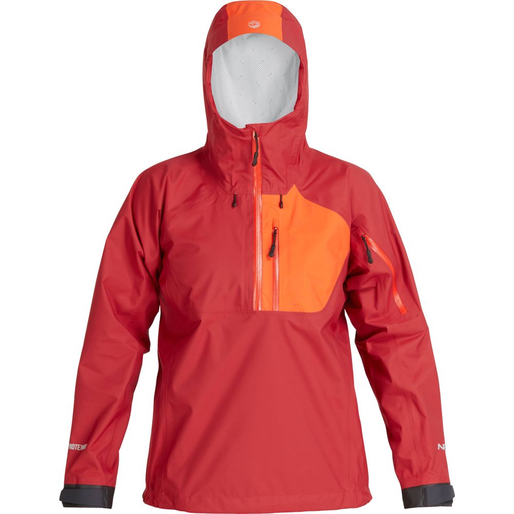 The NRS High Tide Jacket for women is a red and orange waterproof jacket with a hood, designed with a paddler's cut for optimal movement. It includes chest and arm zipper pockets against a white background.