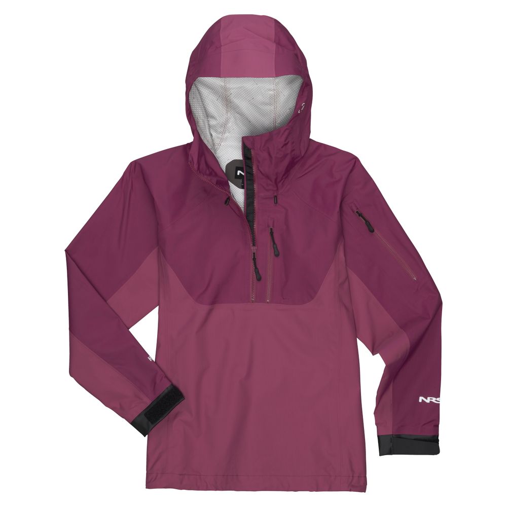 The NRS High Tide Jacket - Women's is a maroon hooded rain jacket with black accents, featuring a half-zip front and adjustable hood for breathable protection against the elements.