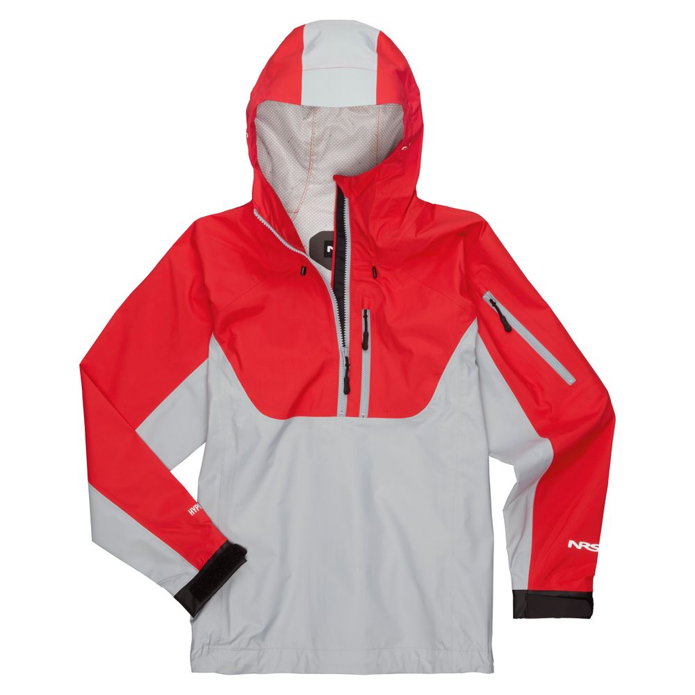 The NRS High Tide Jacket - Women's features a red and gray waterproof design with a hood, front zipper, diagonal chest pocket, and Velcro cuffs. Its durable, comfortable paddler's cut makes it ideal for any weather adventure.