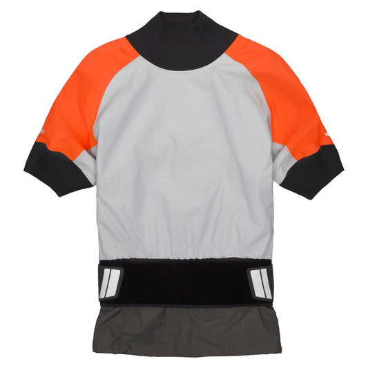 The NRS Stratos Short Sleeve Paddling Jacket features a high neck, waterproof breathable design, orange shoulders, light gray body, black waistband with two reflective strips, and neoprene neck and arm seals.