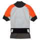 The NRS Stratos Short Sleeve Paddling Jacket is crafted with waterproof fabric and showcases a white front, orange and black sleeves, and a black hem. It includes neoprene seals for extra protection and reflective elements on the back for enhanced safety.