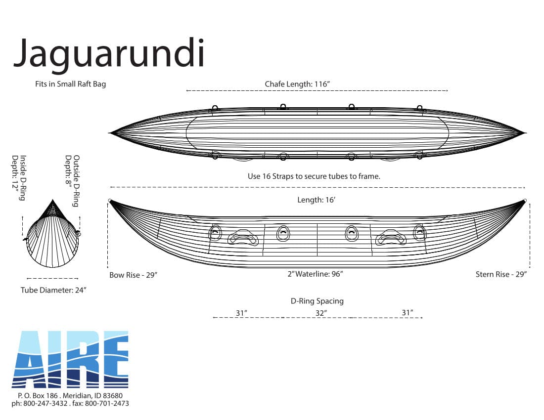 AIRE Jaguarundi 16' Cataraft dimensions.