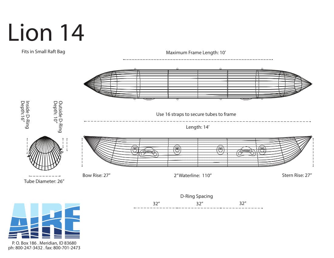 a diagram showing the dimensions of an AIRE Lion Cataraft boat.