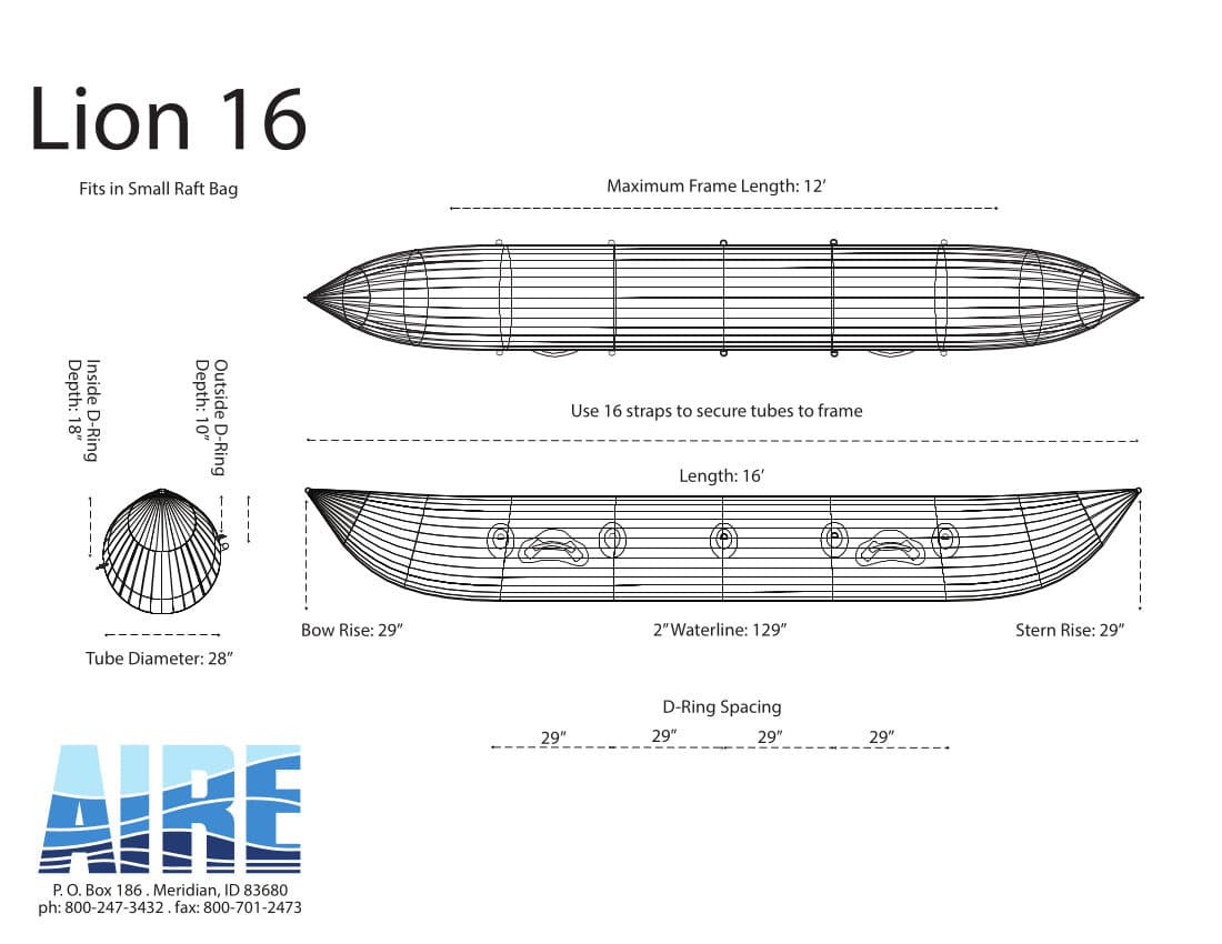a drawing of a Lion Cataraft 16 boat by AIRE.