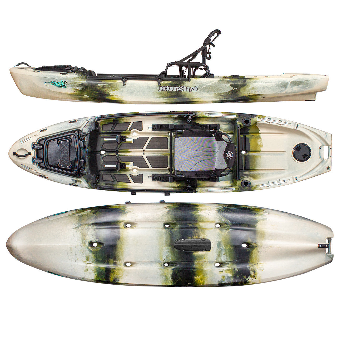 A comfortable Jackson Kayak Coosa X with a black and white design.