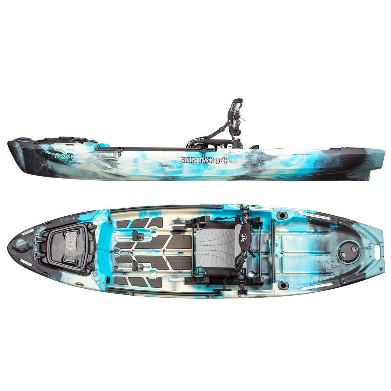 A blue and white river fishing kayak designed by Jackson Kayak Coosa X 11'8.