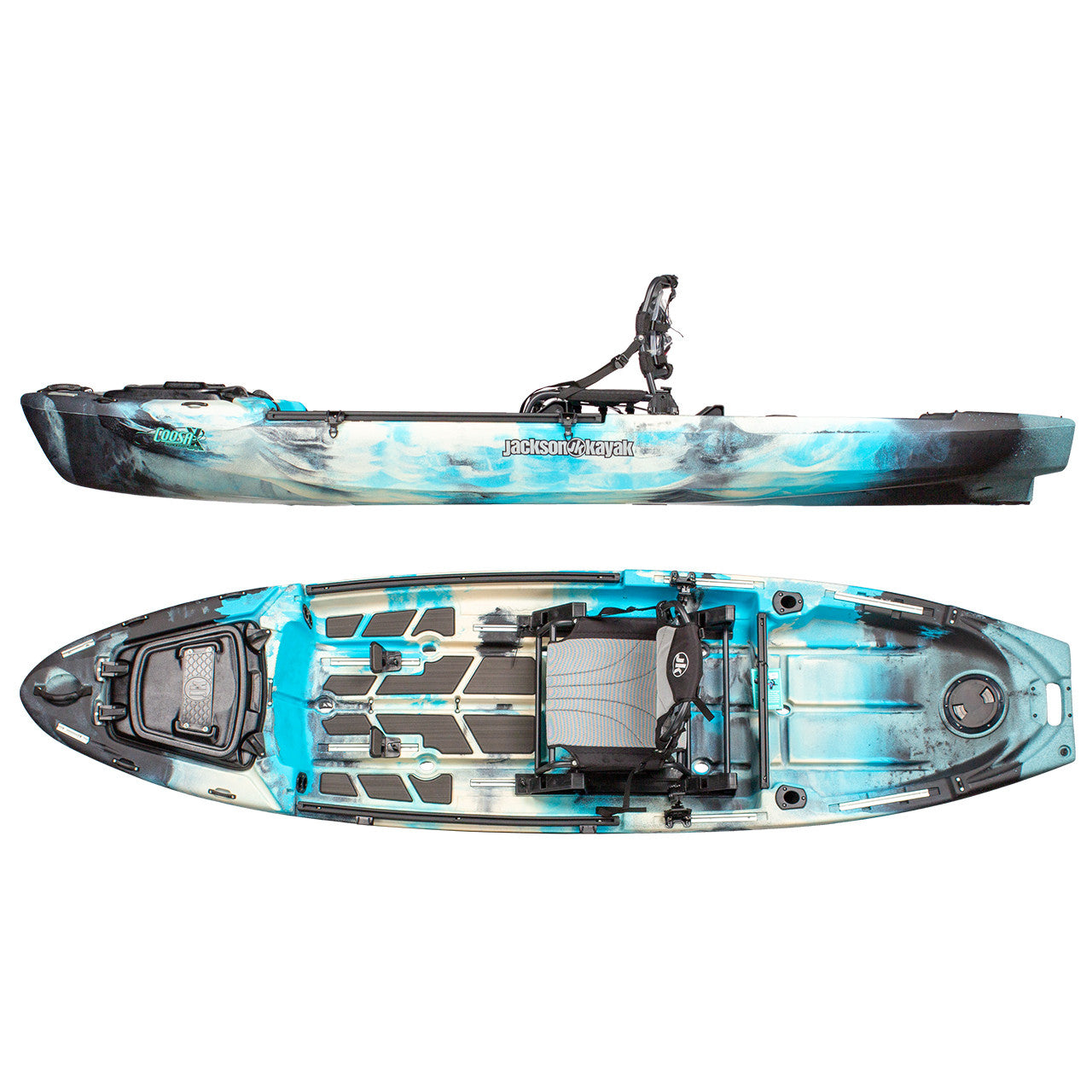 A comfortable Coosa X river fishing kayak in a blue and white design from Jackson Kayak.