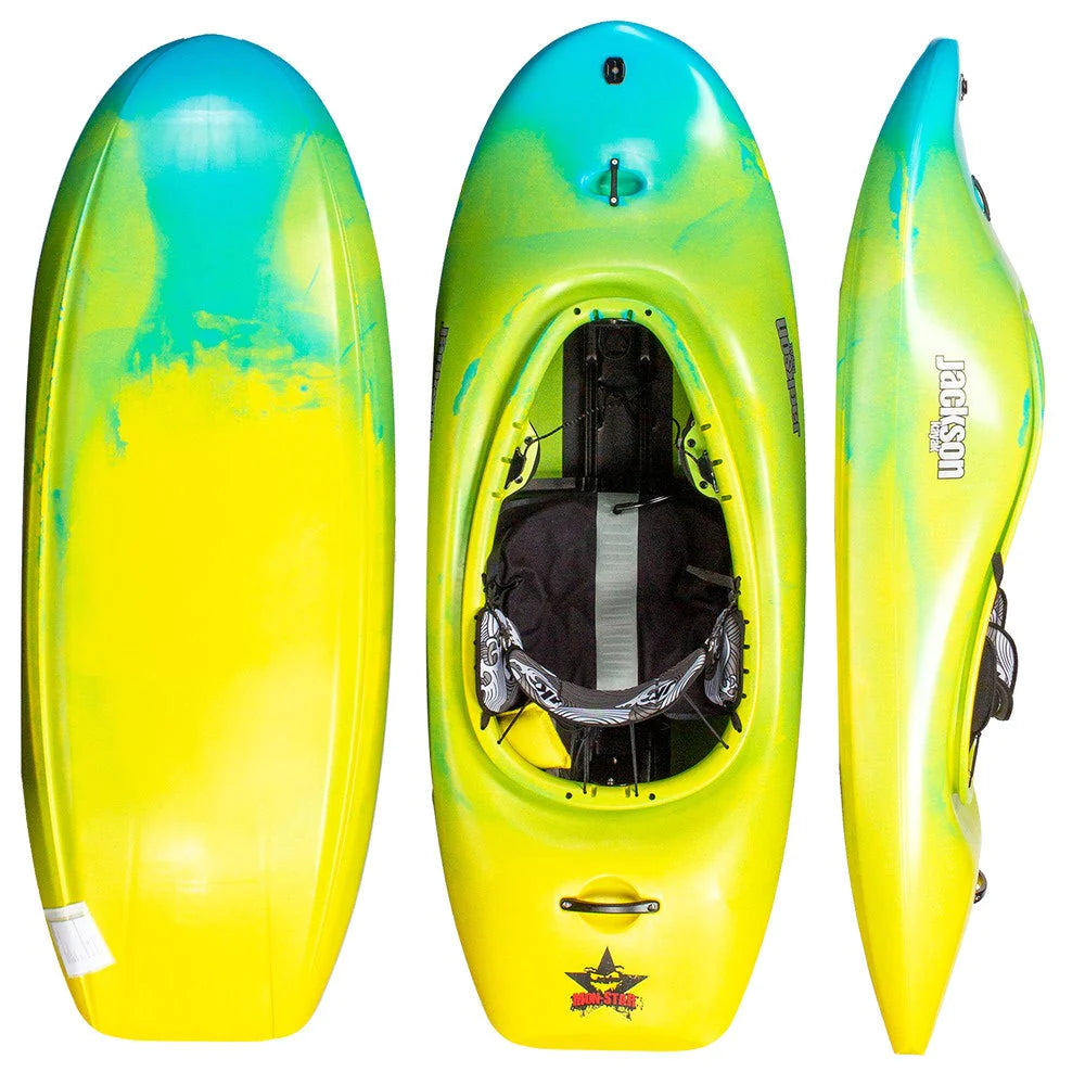 A yellow MonStar kayak with a blue and yellow design.