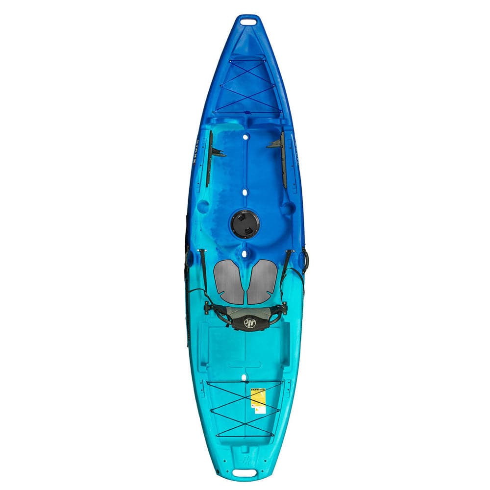 An economical Staxx 10'8 kayak with a blue and green color by Jackson Kayak.