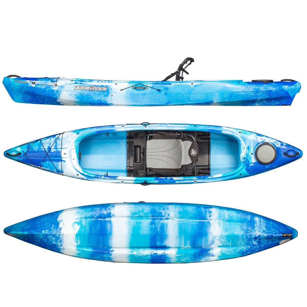 a Tripper 12 kayak with a blue and white design by Jackson Kayak
