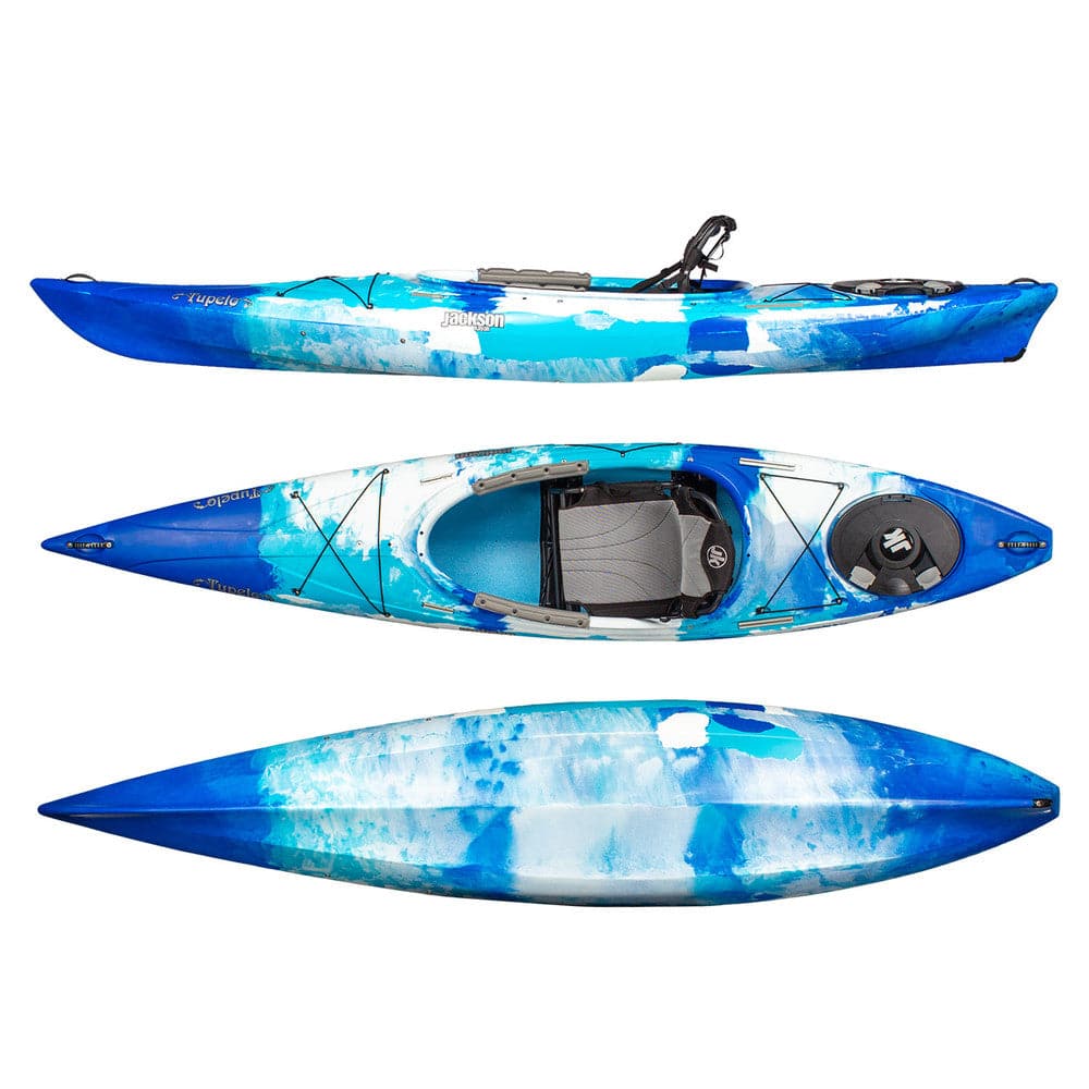 a Tupelo 12.5 kayak with a blue and white design.